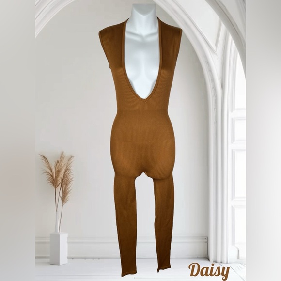 Daisy | Camel Brown Ribbed Catsuit Jumpsuit - Picture 3 of 11